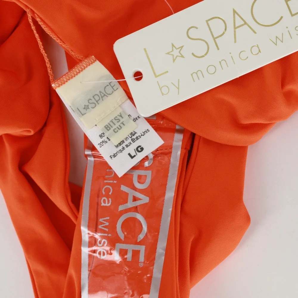 L*Space Orange Ruffle Bandeau Bikini Set Bitsy Cut Bottoms Large Beachwear Swim